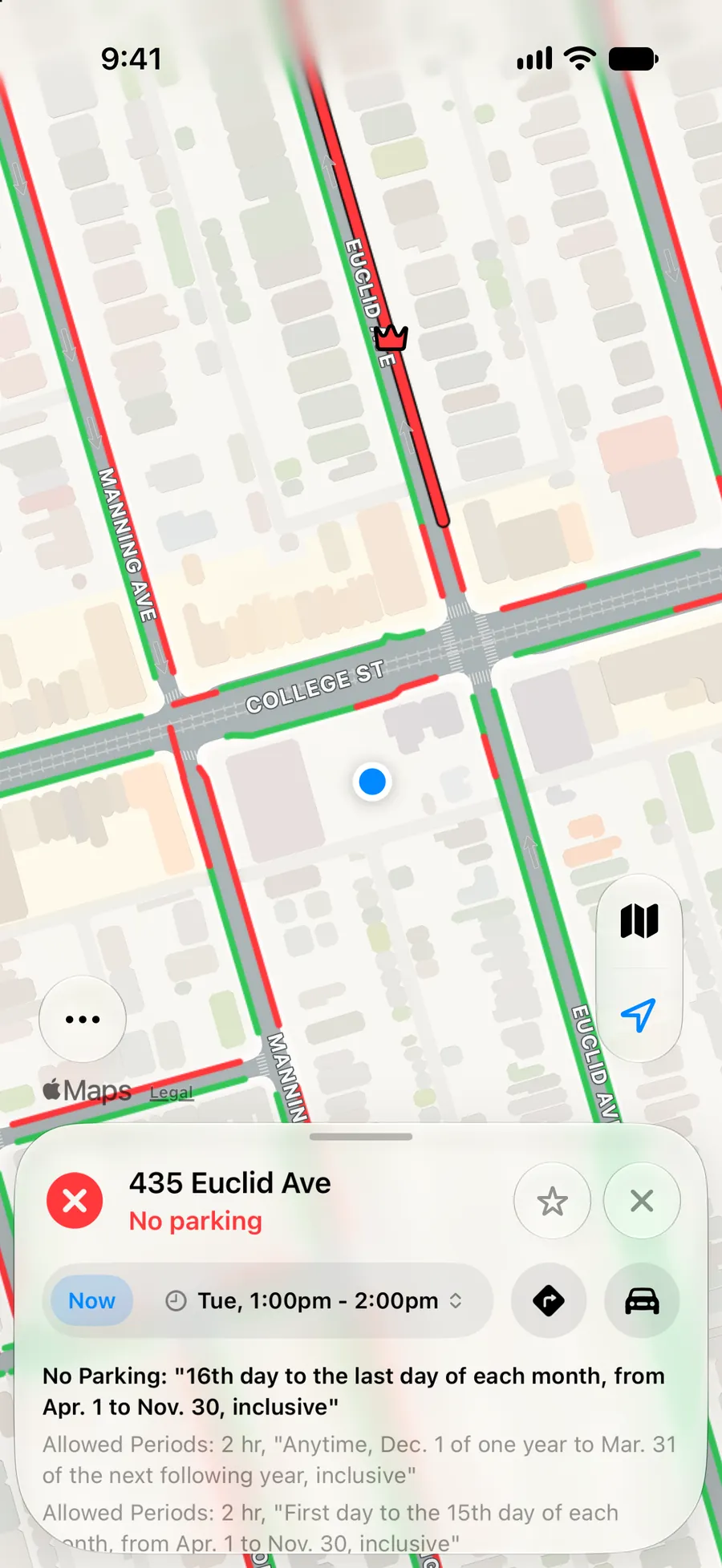Curb selected: 435 Euclid Ave. No parking from the 16th to the end of the month.